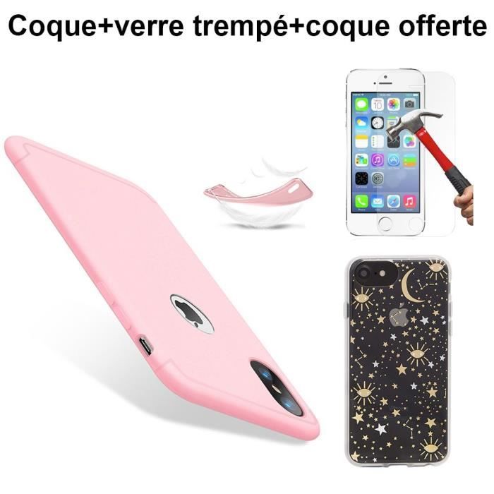 Pack iPhone X - Coque Silicone Rose + Verre Trempé + Coque Offerte