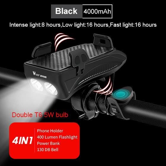 WEST Bike 4 en 1 vélo lumière lampe de poche vélo klaxon alarme cloche support pour téléph - Modèle: 4000 mAh Black - HJZXCZMA01140