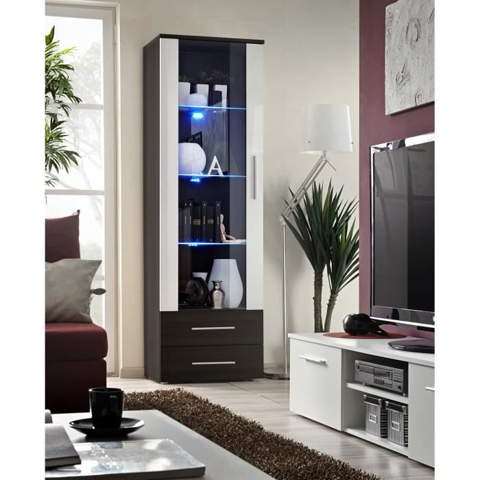 PRICE FACTORY - Vitrine NEO 1 design, coloris wengé et blanc brillant + LED. Meuble moderne et tendance pour votre salon.