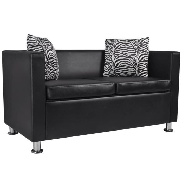 Canapé d'angle droit 2 places + 2 oreillers - Cuir synthétique noir - 120 x 62,5 x 63 cm