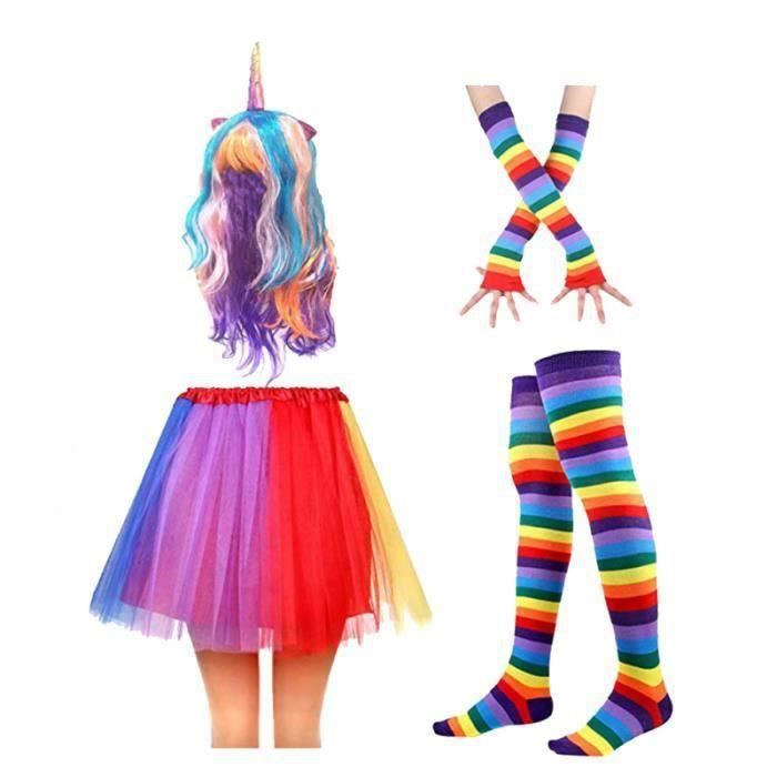1 Set Costume Licorne Arc-en-ciel Adorable Gants Coiffe Chaussettes Jupe De Gaze Robe Soirée POUPEE