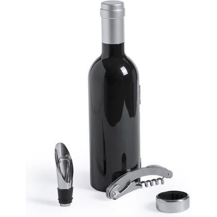 Coffret Accessoire Vin en forme de Bouteille de Vin noir Aimantée : Tire Bouchon, Bec verseur et Bague anti gouttes