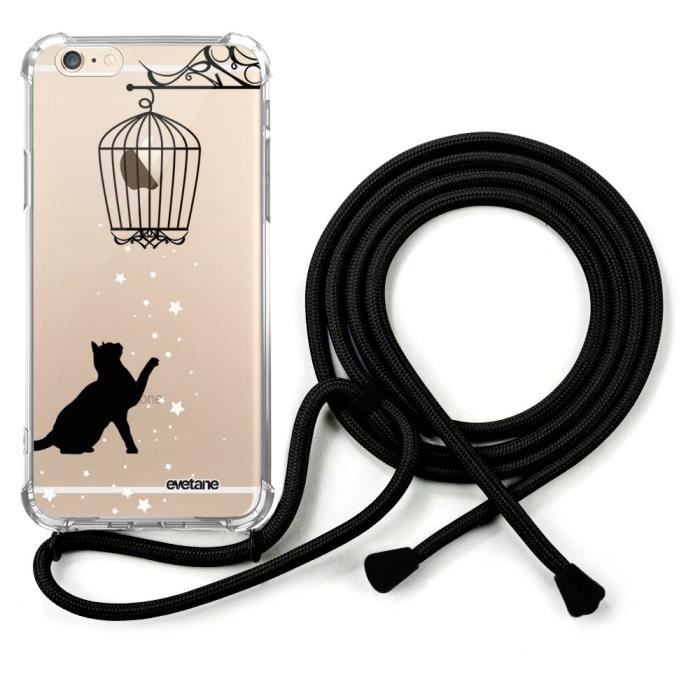 coque avec cordon noir iPhone 6/6S avec cordon Chat Ecriture Tendance et Design Evetane