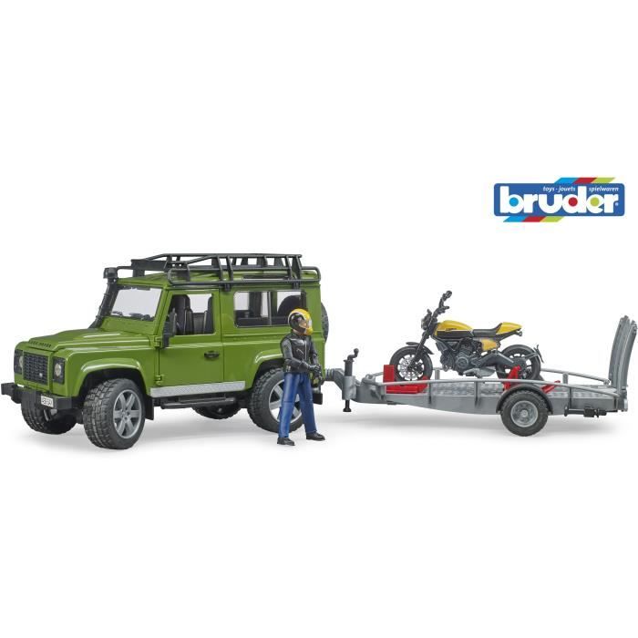 BRUDER - Land rover defender avec remorque, moto ducati et personnage