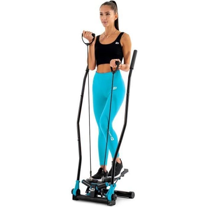 Stepper d'appartement fitness HS-045S Slim Nordic Walking Bleu - Cordes élastiques - Poignées - Résistance réglable -Mini Ordinateur