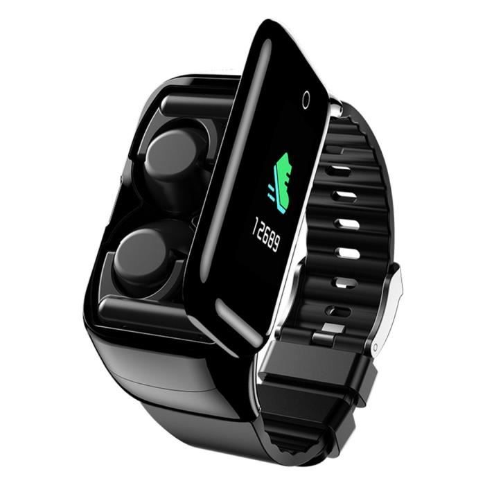 Montre intelligente Écouteur Bluetooth 2 en 1 Prise en charge fréquence cardiaque-podomètre-distance-comptage (Noir)