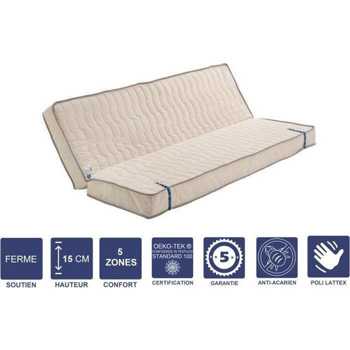 Matelas Ferme Pour tous Clic Clac 140x200 x 15 cm - Découpe Assise 70 cm - 5 zones de Confort - Noyau Poli Lattex HR Dernière Géné