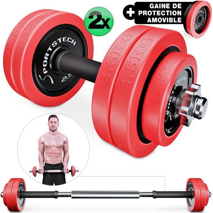 Sportstech 2 en 1 avec couvercle en silicone - Ensemble d'haltères courte/longue, musculation réglable en fonte de 20 kg