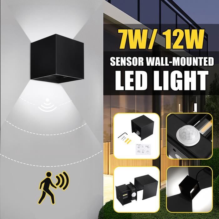 12W LED COB Applique Murale Lampe Detecteur de Movement PIR IP65 Moderne - Lumière Blanche - Exterieur/Interieur