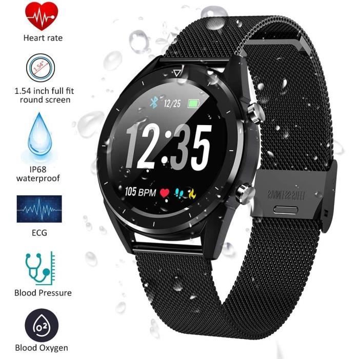 Montre Connectée Femmes Homme Montre Sport Avec 1.54'' Écran Tactile étanche IP68 avec Moniteur Cardiaque pour Android iOS-Noir