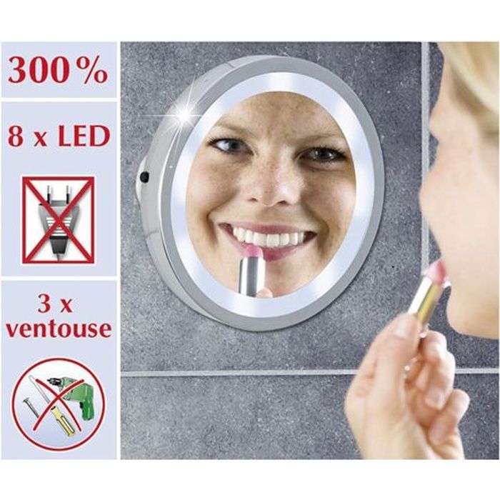 Miroir grossissant ventouse x3, Miroir maquillage LED Ø 15 cm, Mosso