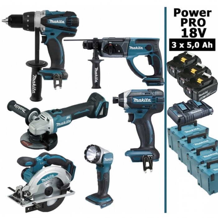 Pack Makita Power PRO 6 outils 18V: DDF458 + DHR202 + DGA504 + DTD152 + DSS610 + Lampe + 3 batt 5Ah + 4 Coffrets Pack Makita Power PRO 6 outils 18V: DDF458 + DHR202 + DGA504 + DTD152 + DSS610 + Lampe + 3 batt 5Ah + 4 Coffrets