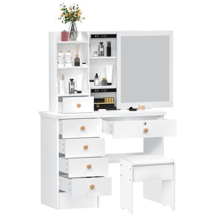 Wilitto Coiffeuse avec Miroir Table de Maquillage avec 6 Tiroirs Simple 80*40*135cm Blanc