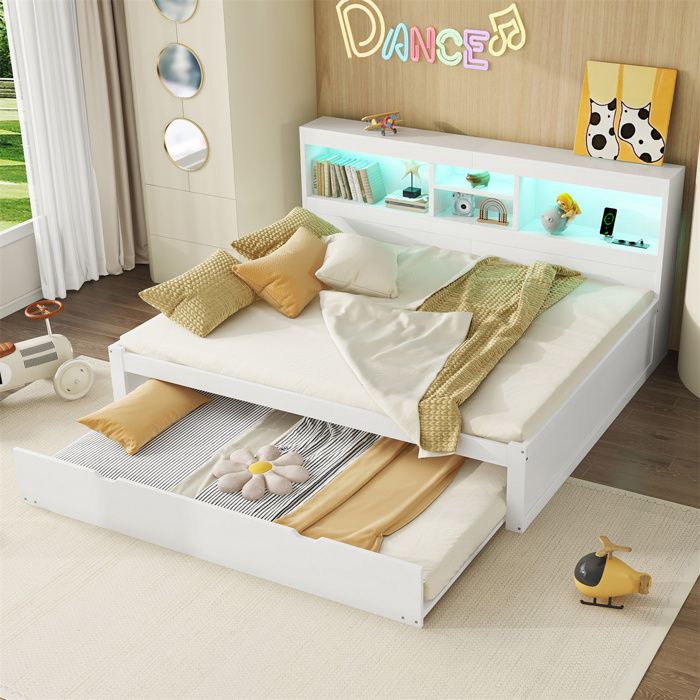 Lit Banquette 2 Places Lit 140x200 avec Sommier et éclairage LED Lit pour Adulte Ado Enfant étagères de Rangement Prise USB Blanc