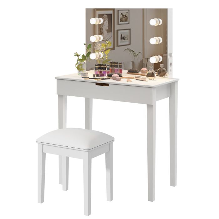 Coiffeuse avec miroir - LANGTU - Modèle LED - 6 LED dimmables (3 nuances) - Prise USB/Type-C - 2 tiroirs