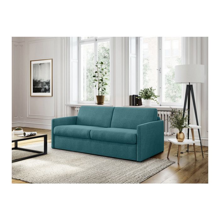 Canapé convertible express 3 places AGATHE Couchage Quotidien en Tissu - Bleu canard - Matelas 13cm - Couchage 140x190cm
