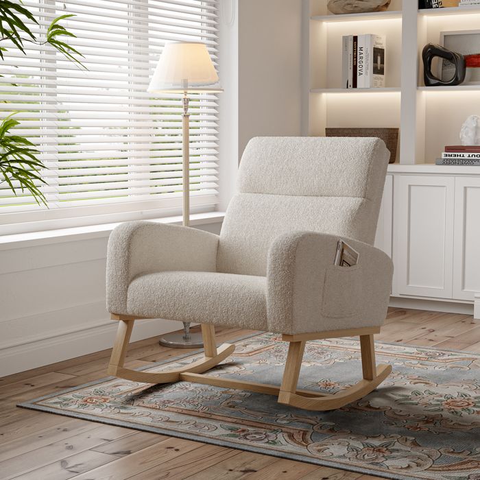 Fauteuil à Bascule HOMCOM En Velours Gris - Structure Bois Massif Et Métal, 150kg Max - Pour Salon Ou Chambre