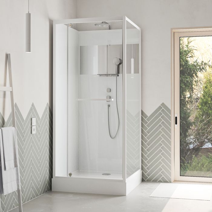 Cabine de Douche Carrée 90x90cm Porte Pivotante - Blanche - Bande Effet Miroir - SQUARE STRIPE Cabine de Douche Carrée 90x90cm Porte Pivotante - Blanche - Bande Effet Miroir - SQUARE STRIPE