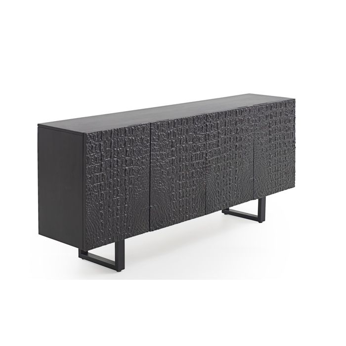 Buffet 4 portes en bois de manguier imitation cuir de crocodile noir. – REF.11229