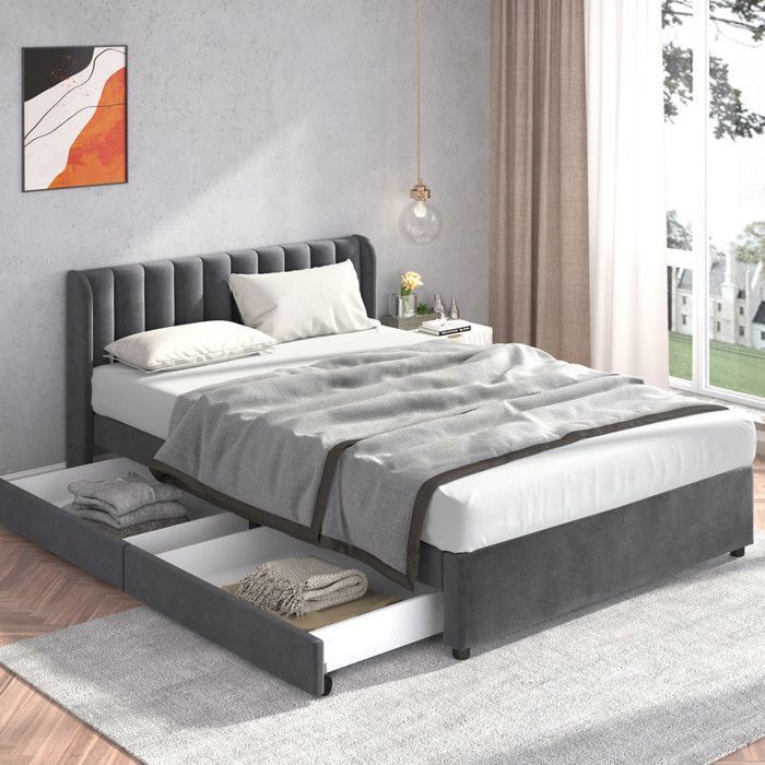 Lit 160x200 cm - Lit double - Tête de lit incluse - 2 tiroirs - Sommier à lattes inclus - Velours gris