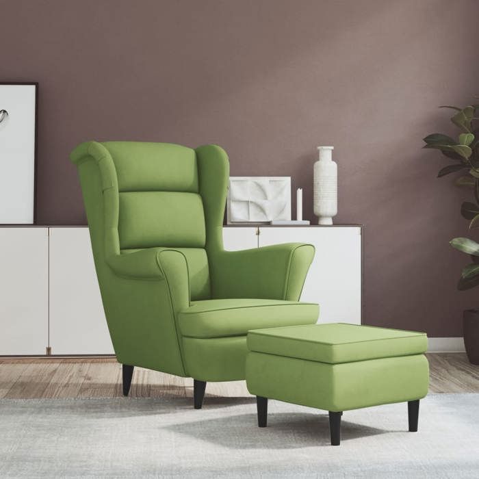 Réduction FR - Fauteuil à oreilles - Fauteuil Repos - Confort moelleux - avec tabouret vert clair velours -619329