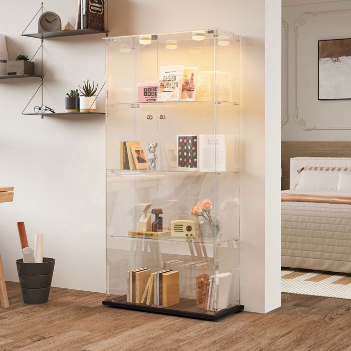 Vitrine En Verre Avec LED 4 étagères - Armoire De Collection Moderne, Verre Trempé, Noir Ou Blanc - 13