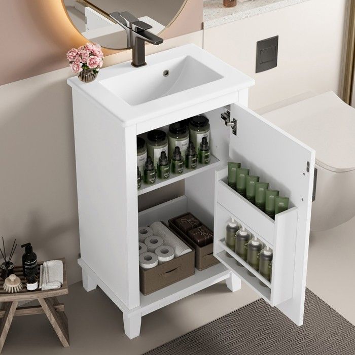 Meuble vasque salle bain blanc laqué 51x34x83 cm étagères réglables et porte - Petit espace