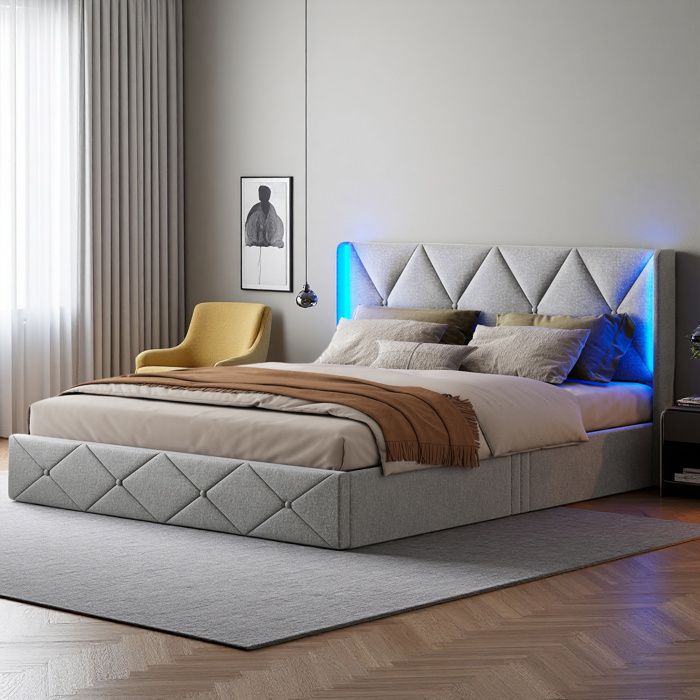 Lit 140x190 cm - COZY - Velours Gris Glace - LED Intégré - Tête de Lit Rembourrée - 2 Places