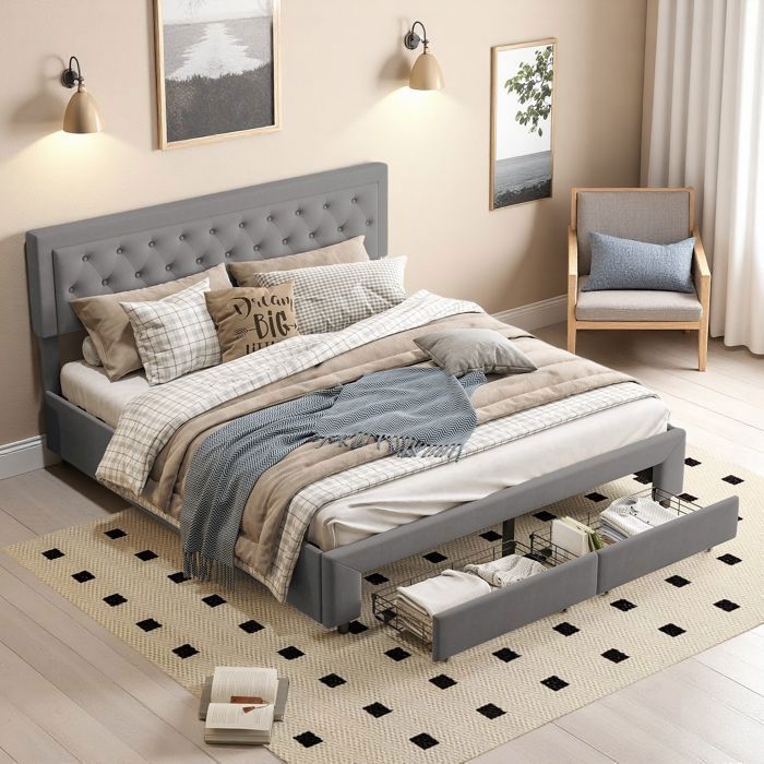 Lit adulte - Lit hydraulique 180x200 cm - Coffre + tiroir - Velours gris - Structure métal & lattes bois