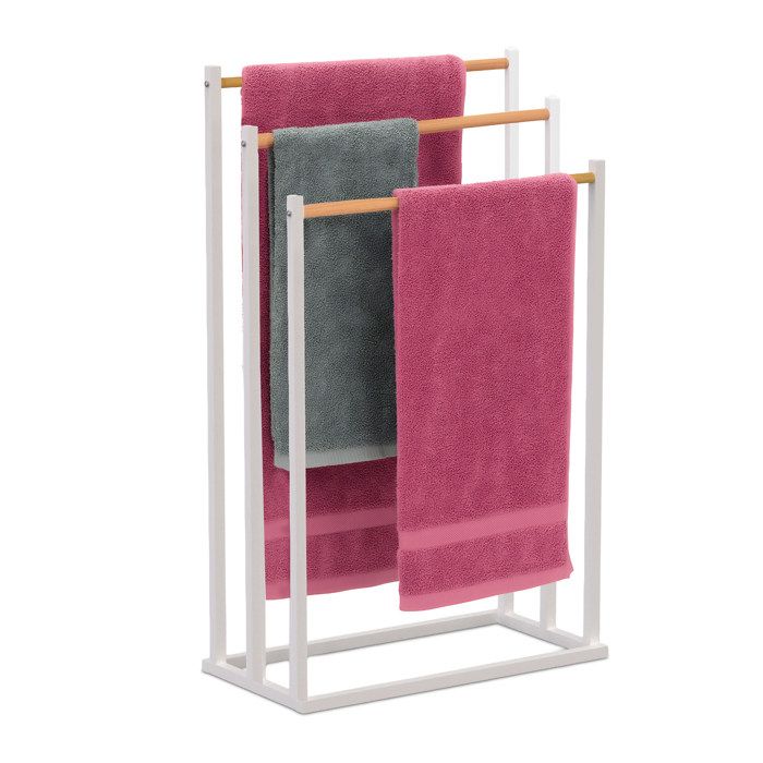 Relaxdays Porte-serviettes mélange de matériaux 3 barres spacieuses non fixe HxLxP : 76x45x215 cm blanc et nature