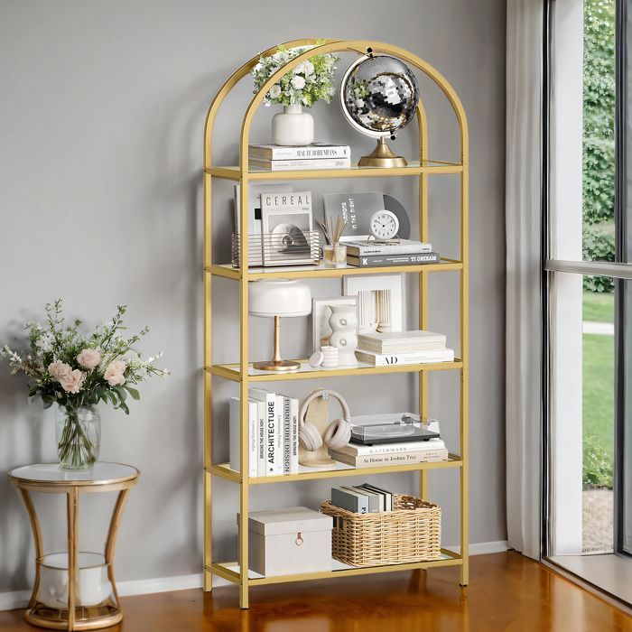 Étagère 5 niveaux - Verre trempé - Acier doré - 1835 cm - Kit anti-basculement