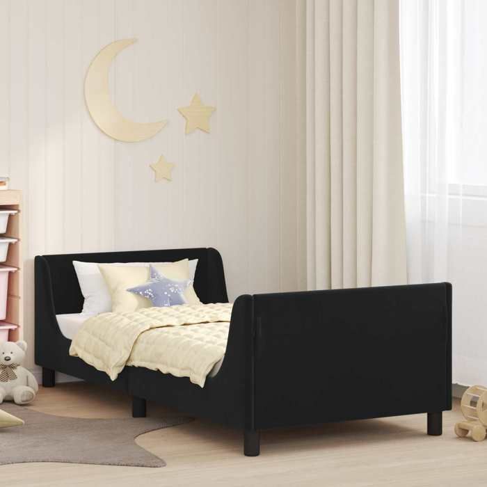 Lit enfant avec tête de lit - UU - 90x190 cm - Noir - Velours - Bois dingénierie - Poches de rangement - Cadre à lattes