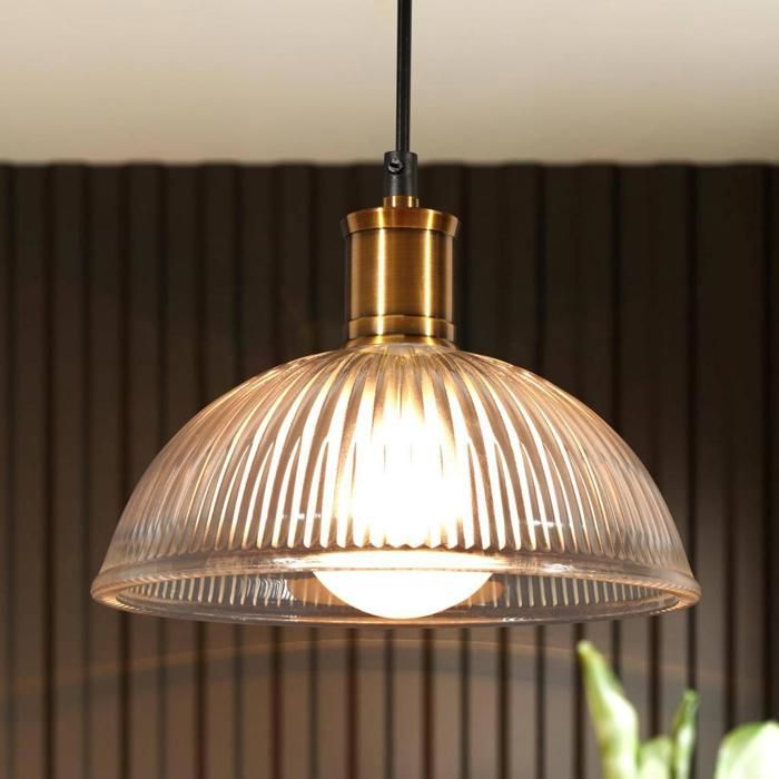 WOTTES 1 x Suspension Luminaire Verre Transparent Demi-cercle Ø21.5CM Lustre Salon Vintage Intérieure Suspendues E27 pour Loft