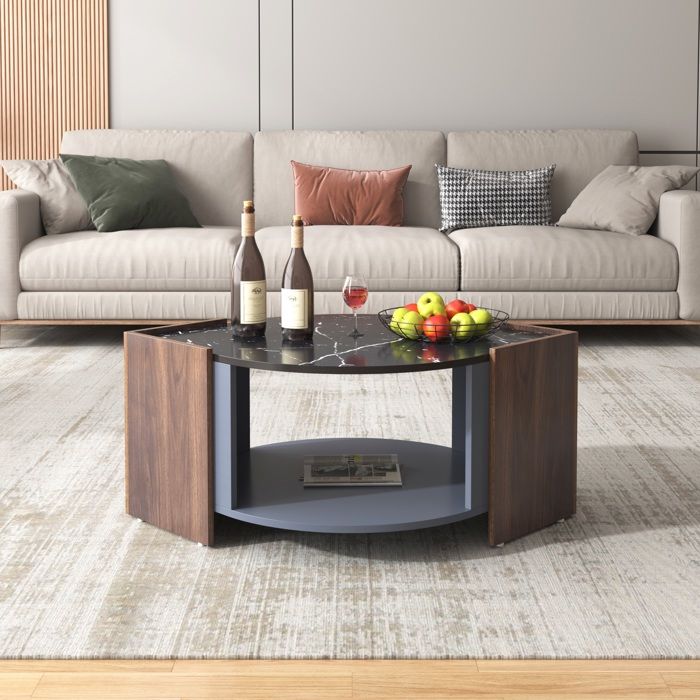 Table basse design en marbre et noyer - Lignes uniques et contrastes élégants - Pour un salon contemporain