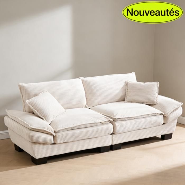 Canapé 2 Places Velours avec Repose-Pieds - Coussins Latéraux - Dossiers Interchangeables Béige Moderne