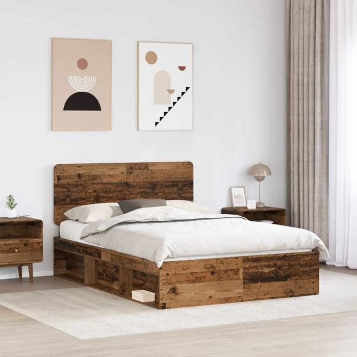 Elégant Lit Double moderne Structure de lit Bois ancien 150 x 200cm Bois de pin massif &0_9217192