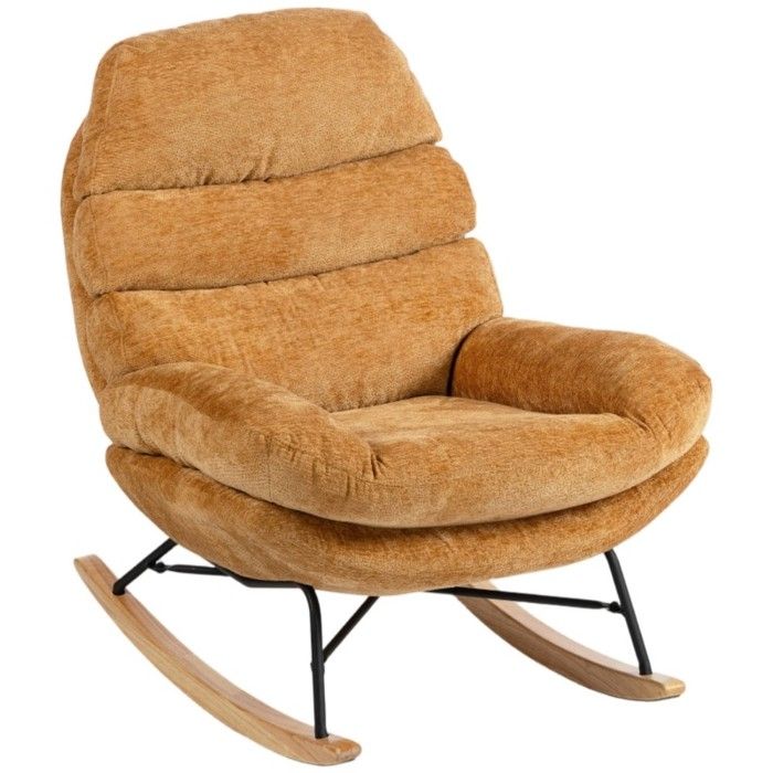 Fauteuil à bascule rembourré jaune 103x80x91cm avec pieds en acier solides et patins en bois pour salon ou chambre Fauteuil à bascule rembourré jaune 103x80x91cm avec pieds en acier solides et patins en bois pour salon ou chambre