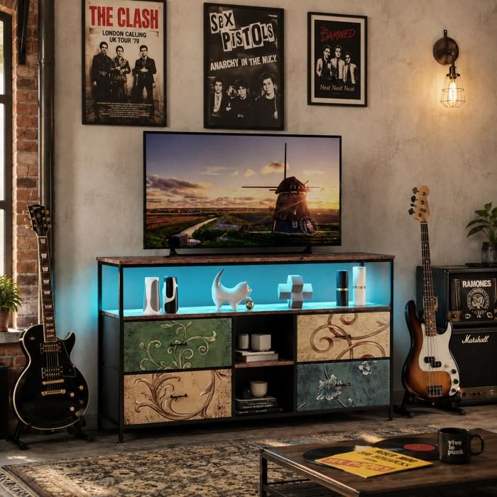 Meuble TV LED Meuble TV haut 137 cm Table TV 4 tiroirs en tissu étagères ouvertes rangement structure acier 137×30×78