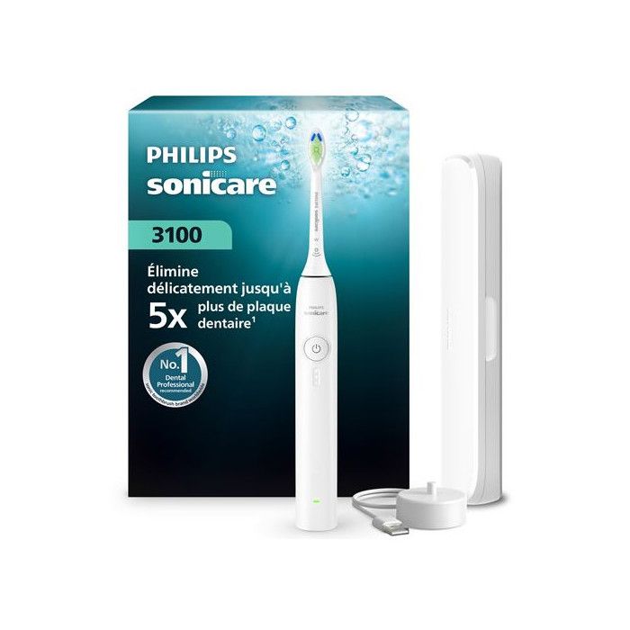 Brosse à dents électrique - PHILIPS - Sonicare Series 3000 HX4033/21 - Blanc - Tête Optimal White - Étui de voyage