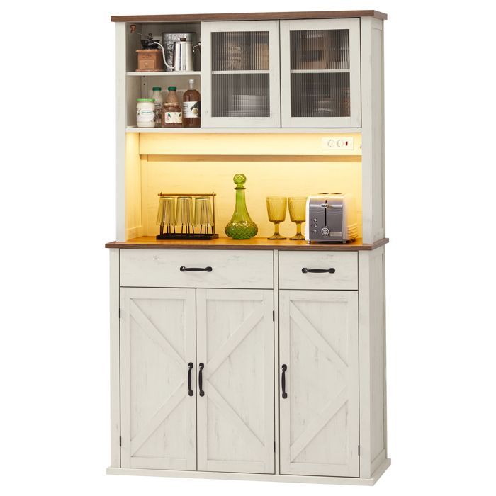 Buffet de cuisine avec Lumières et Chargeur avec Portes et Tiroirs Étagères Réglables Blanc et Marron Buffet de cuisine avec Lumières et Chargeur avec Portes et Tiroirs Étagères Réglables Blanc et Marron