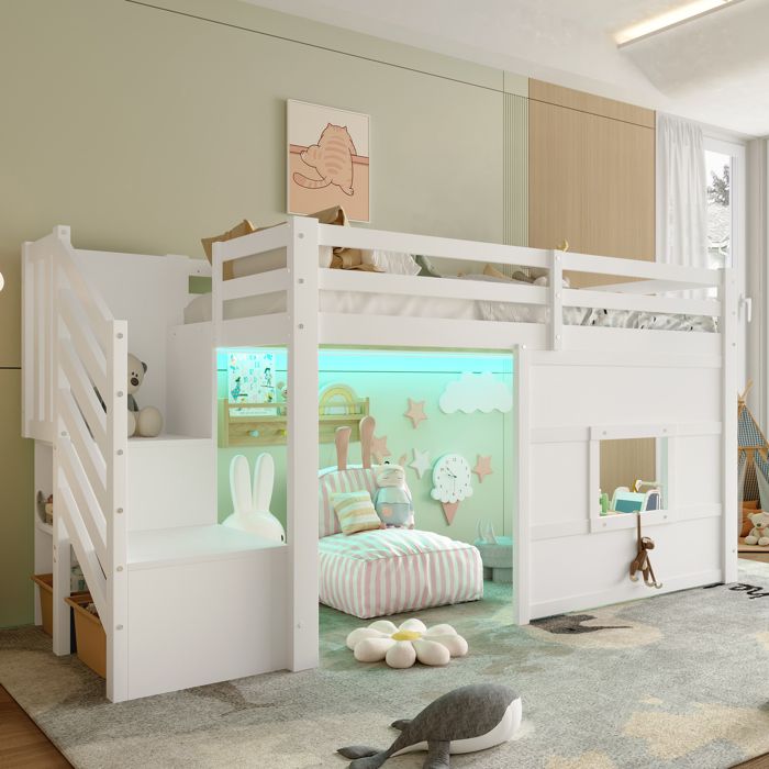 Lit Mezzanine 90x200 Lit Enfant avec Escalier de Rangement LED et Garde-Corps Sécurisé MDF et Pin - Sans Matelas - Blanc