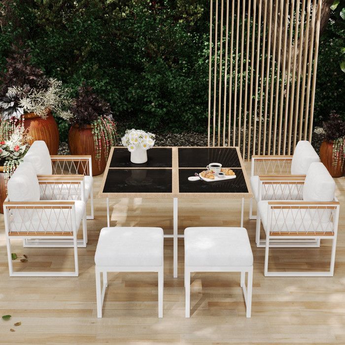 Ensemble de mobilier de jardin 7 pièces avec table en verre trempé comprenant des fauteuils une table et des chaises