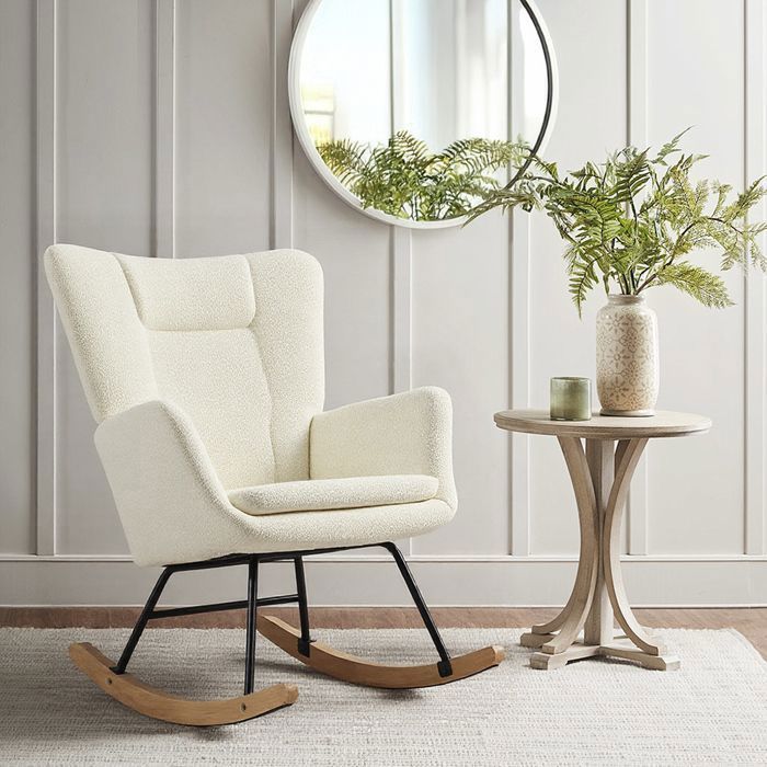 Fauteuil à bascule - Modèle moderne - Tissu bouclette beige - Pieds bois & métal - Charge 160 kg