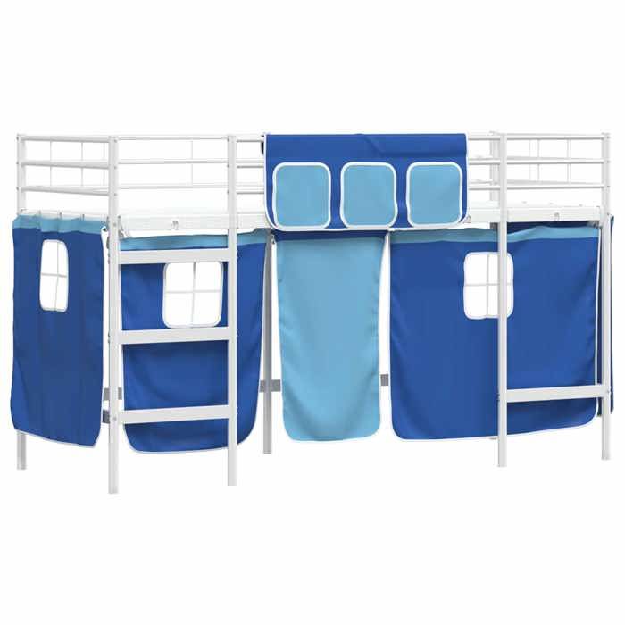 Petit Lit 75x190cm - VIDAXL - modrene Structure de lit Mezzanine pour Enfants - avec Rideaux Blanc et Bleu L3008