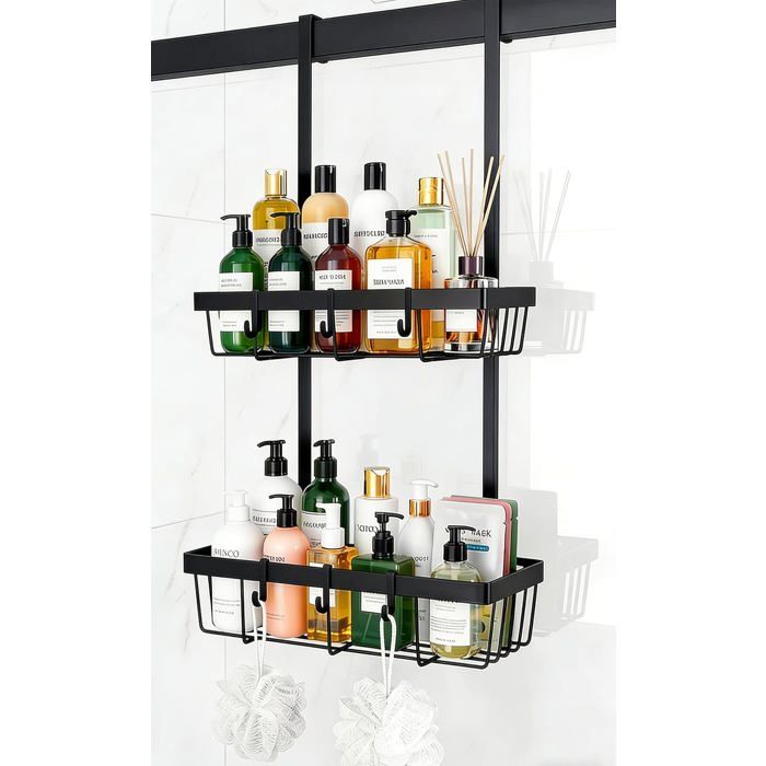 Étagère de douche suspendue - SWAPY - Sans perçage - 2 paniers de rangement - 8 crochets amovibles - 8 ventouses
