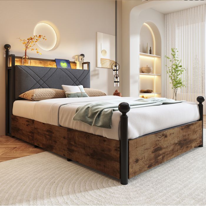Lit baldaquin 90x190 avec rangements intégrés LED intelligent et USB Type-C - ELVMI - tête de lit rembourrée en métal noir