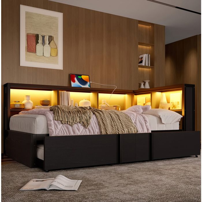 Lit combiné 90 × 200 cm avec Lit Gigogne 5 Rangements LED et USB sans matelas Métal et MDF Noir - UVRION