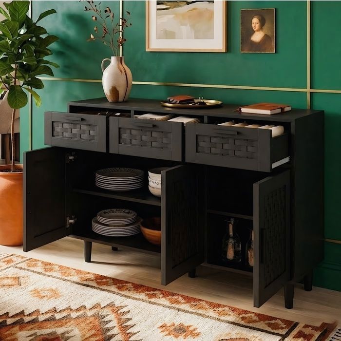 Buffet de Rangement 108x40x80cm - Rangement Optimisé - Style Moderne - PVC Rotin Noir