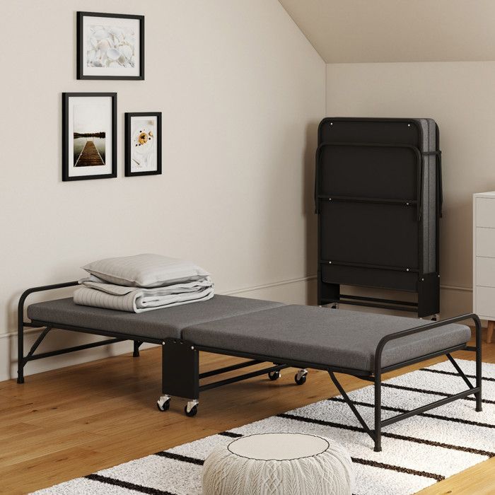 IDMARKET Lit dappoint pliant 1 personne en métal ZAK avec sommier et matelas 70x190 cm gris et noir IDMARKET Lit dappoint pliant 1 personne en métal ZAK avec sommier et matelas 70x190 cm gris et noir