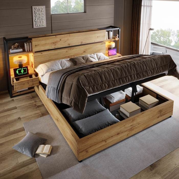 Lit coffre hydraulique 180×200cm Lit double en bois avec table de chevet tête de lit avec tiroirs et port USB et Type-C Chêne